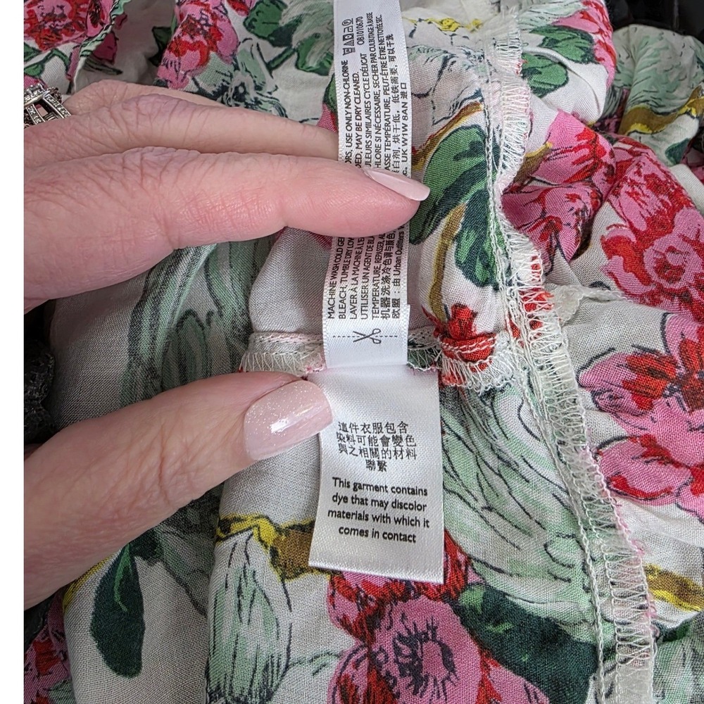 Anthropologie Dress Women L Floral Bird Print Slip Dress White Pink Green Whimsy - Picture 8 of 10